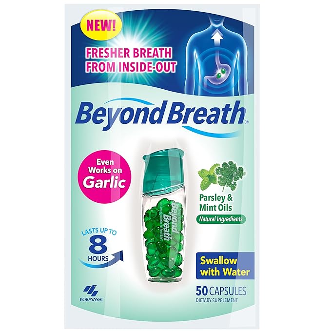 Breath Freshening Capsules, Fresher Breath From Inside-Out, Even Works On Bad Breath From Garlic, Lasts Up To 8 Hours, 50 Capsules