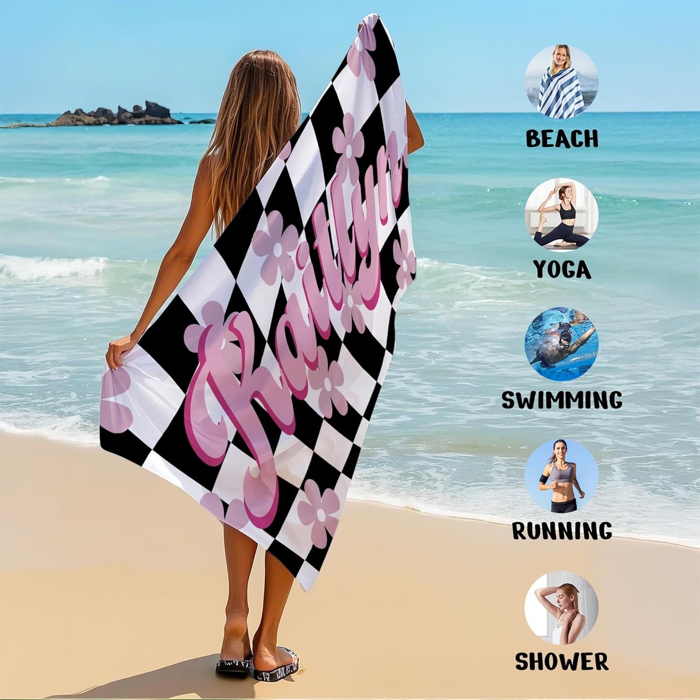 JML Personalized Beach Towel with Name, Custom Flower Beach Towel, Customized Microfiber Pool Towel, Quick Dry & Absorbent Swim Towel for Adult,Mother's Day, Birthday, Summer Holiday,Vacation