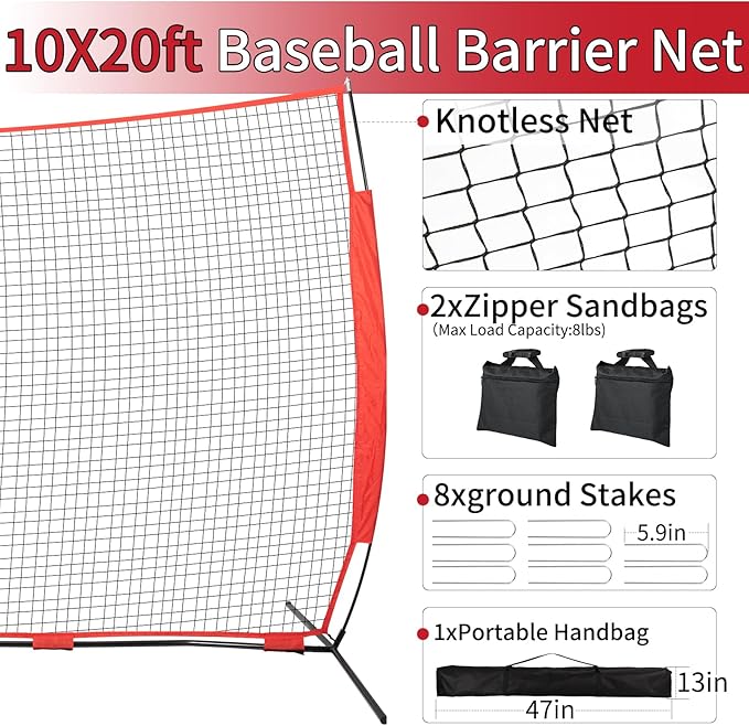 7x7/16x10/20x10ft Ball Backstop Net,Fix Ball Stop Net by 4 Spike&2 Sandbag,Sports Net Barrier with Handbag,Lacrosse Net Backstop for Softball,Basketball,Hockey Train,Baseball Net Barrier for Backyard