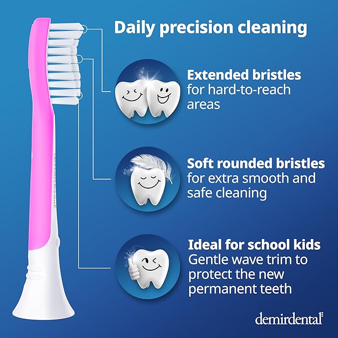 demirdental Kids Toothbrush Heads Compatible with Philips Sonicare Kids Toothbrush Heads - Replacement Heads Sensitive - Brush Heads from Ages 7 to 10 - Magenta - Replaces HX6048-8 Pack