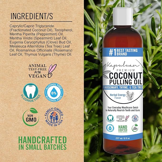 Kapuluan Coconut Oil Pulling for Teeth and Gums Mouthwash, 100% Pure and Natural, Non-GMO, Ayurvedic– with Rosemary, Thyme, and Tea Tree Essential Oil
