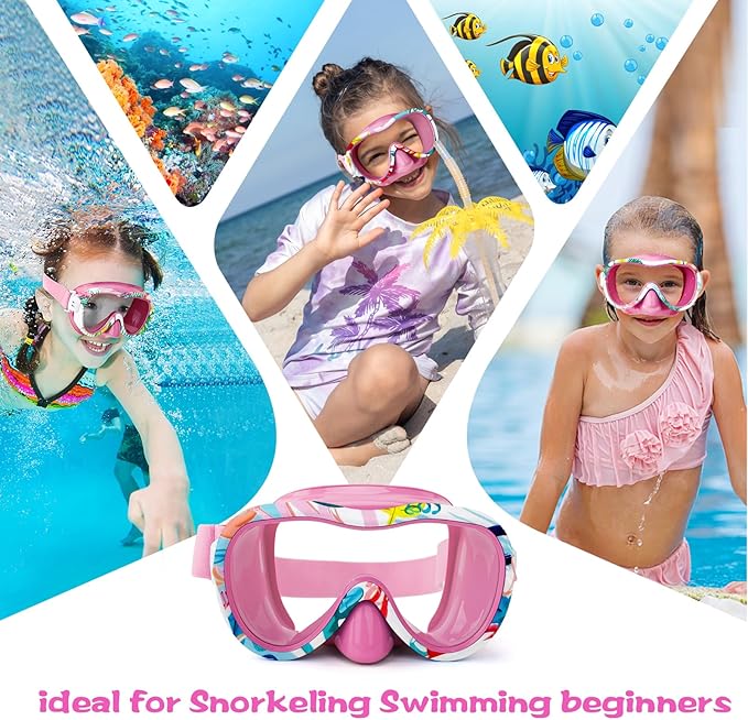Kids Swim Goggles with Nose Cover, 180° Panoramic Snorkel Mask with Anti-Fog & Anti-Leak Design, Comfort Fabric Strap UV Protection Lens for Boys Girls Ages 3-15