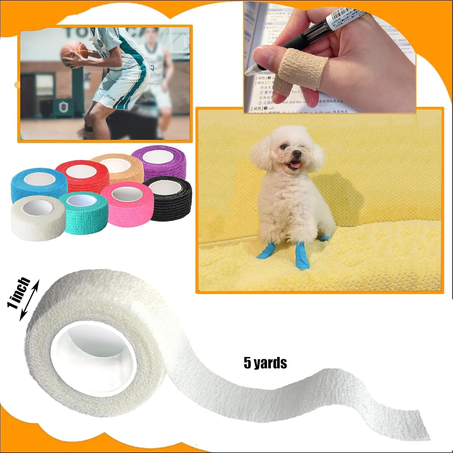 8 Pack 1 in x 5 Yards Cohesive Wrap Self Adhesive Bandage Wrap Elastic Self Adherent Wrap Self Stick Vet Tape for Athletic, Wrist, Ankle, Knees, Pets (White)