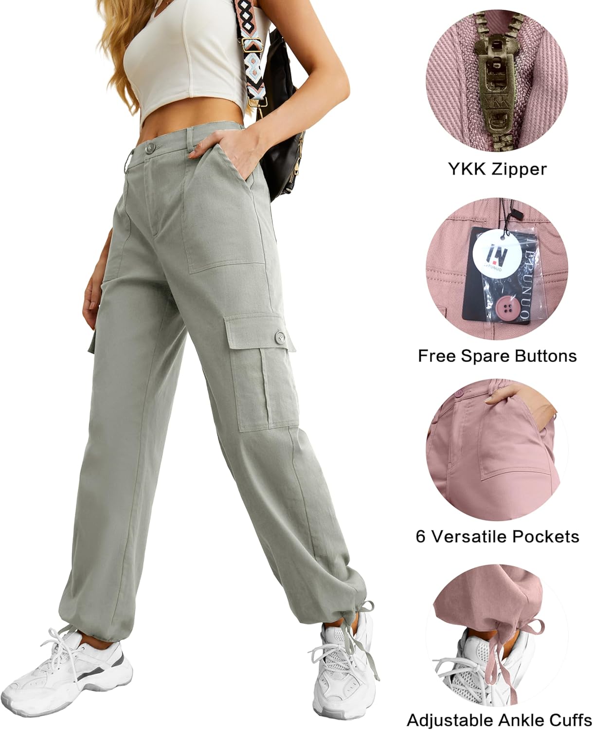 Lepunuo Women's High Waisted Cargo Pants Travel Y2K Streetwear Baggy Stretchy Pants with 6 Pockets Drawstring Ankle Cuffs