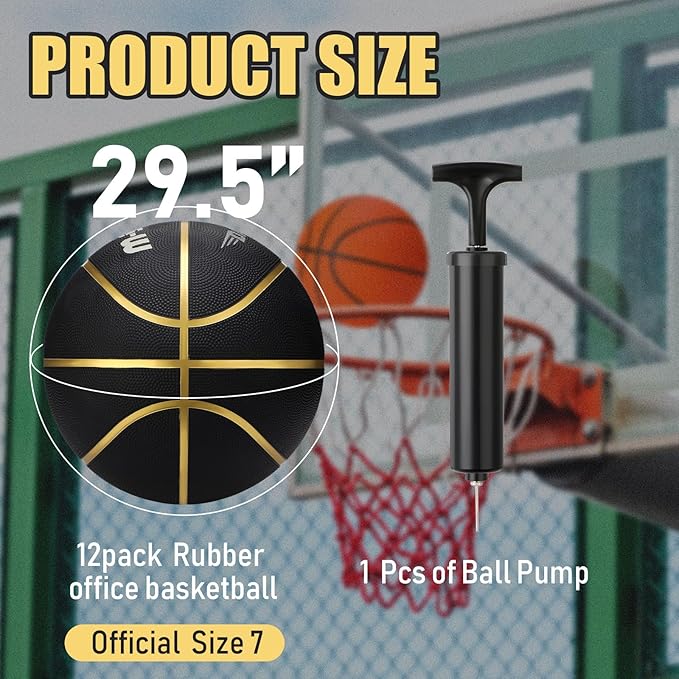 Jerify 12 Pieces Basketballs Bulk Official Size 7 Rubber Basketballs 29.5 Rubber Inflatable Basketballs with Pump Indoor Outdoor Basketballs Bulk Standard Basketball for Training and Play