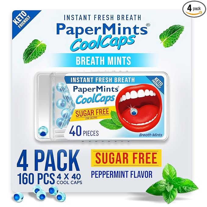 PaperMints CoolCaps - Instant Fresh Breath Mints Sugar-Free 4 Pack - 160 capsules. Chronic Bad Breath Treatment for Adults, Peppermint Fresh Breath Freshener Pearls Halitosis Treatment Dry Mouth