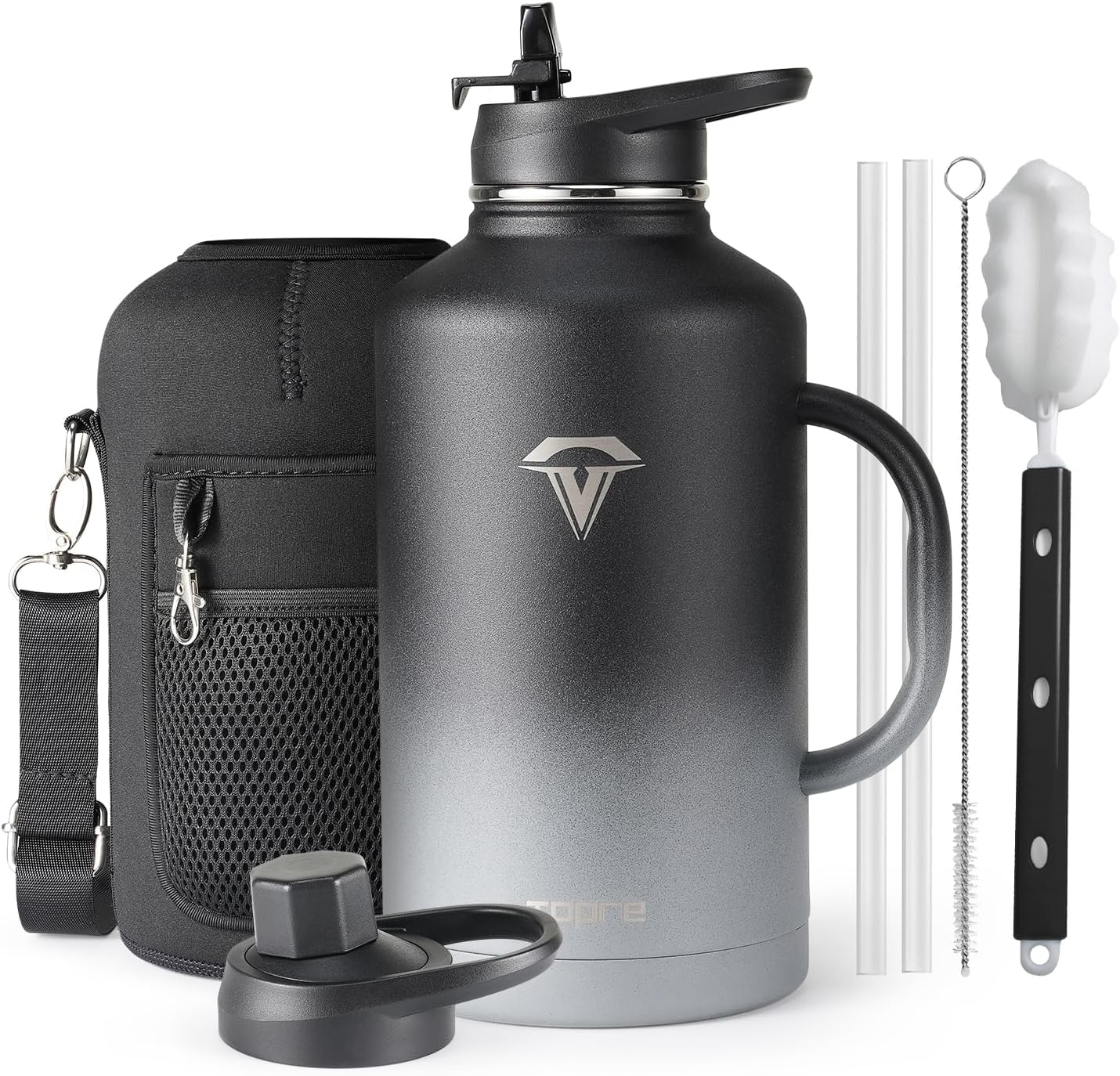 64 oz Insulated Water Bottle with Straw and Lid, Half Gallon Stainless Steel Cup with Handle,Leakproof Metal Travel Jug Flask Mug Tumbler Cup With Carry Pouch and Brush,Keep Cold & Hot,Grey