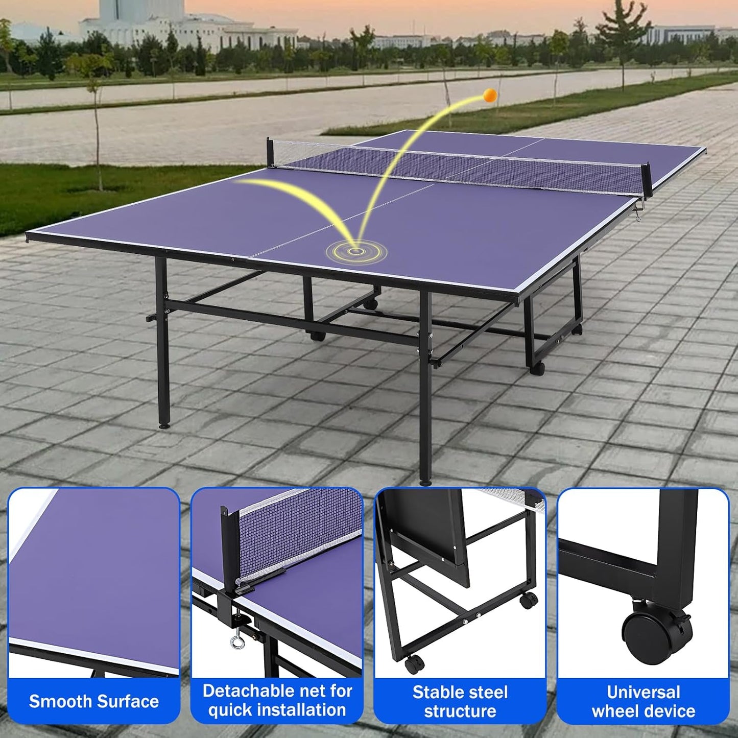 9FT Portable Ping Pong Table,Professional Indoor/Outdoor Table Tennis Tables with Net for Adults/Teens, 2 Tennis Paddles and 3 Balls, Easy Assembly,Single Player Playback Mode