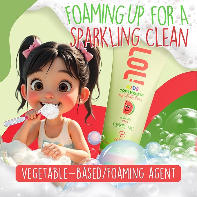 LOL Kids Toothpaste | Fluoride Free 2-Flavors Pack | Nano Hydroxyapatite Toothpaste, Probiotics, Vitamins A, C, E | Safe if Swallowed, No SLS | 1 Melon Flavor, 1 Peppermint