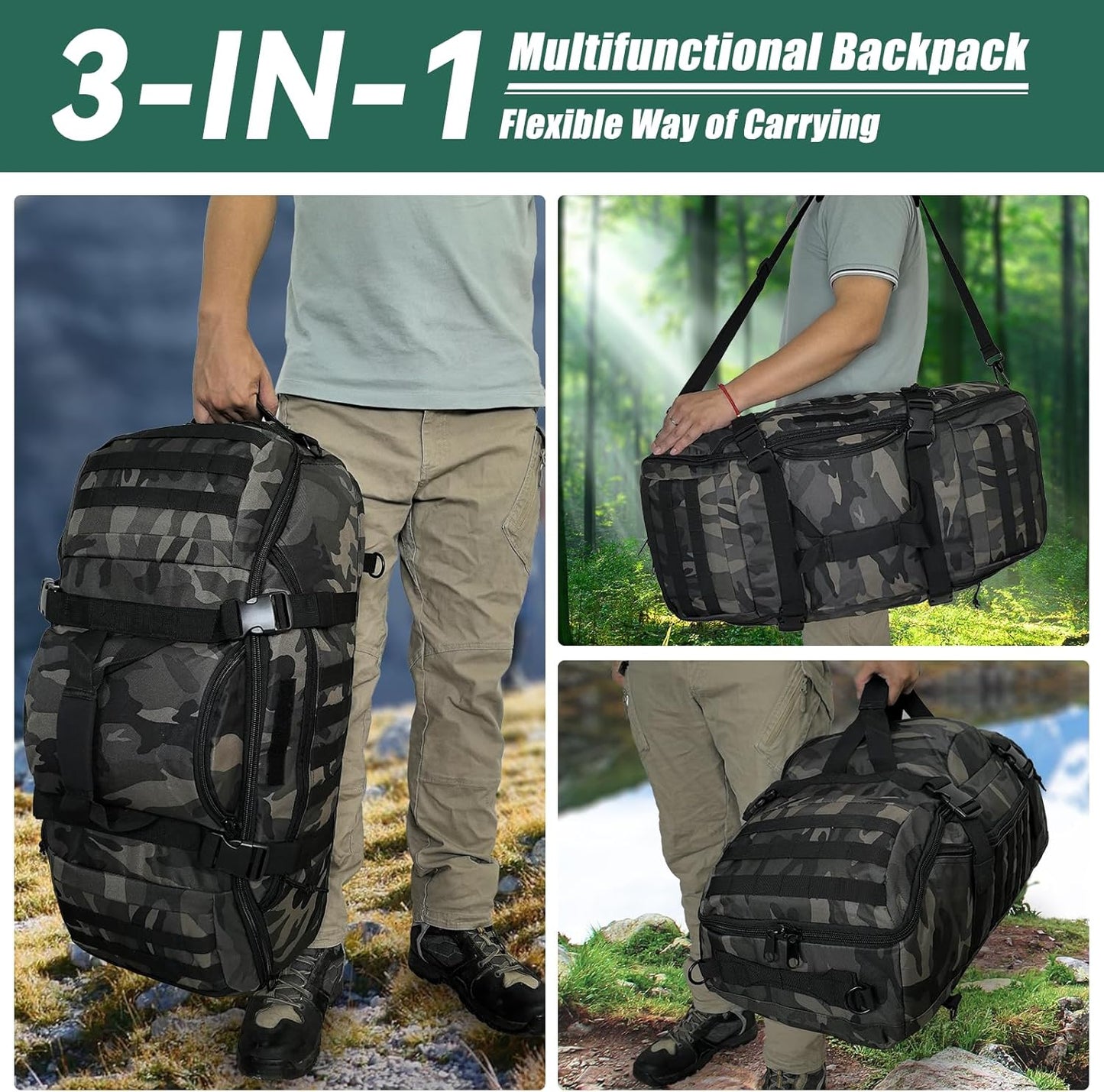 55L Large Duffle Bag, 3-in-1 Tactical Backpack MOLLE Pack for Gym, Sports, Outdoor, Black Camo