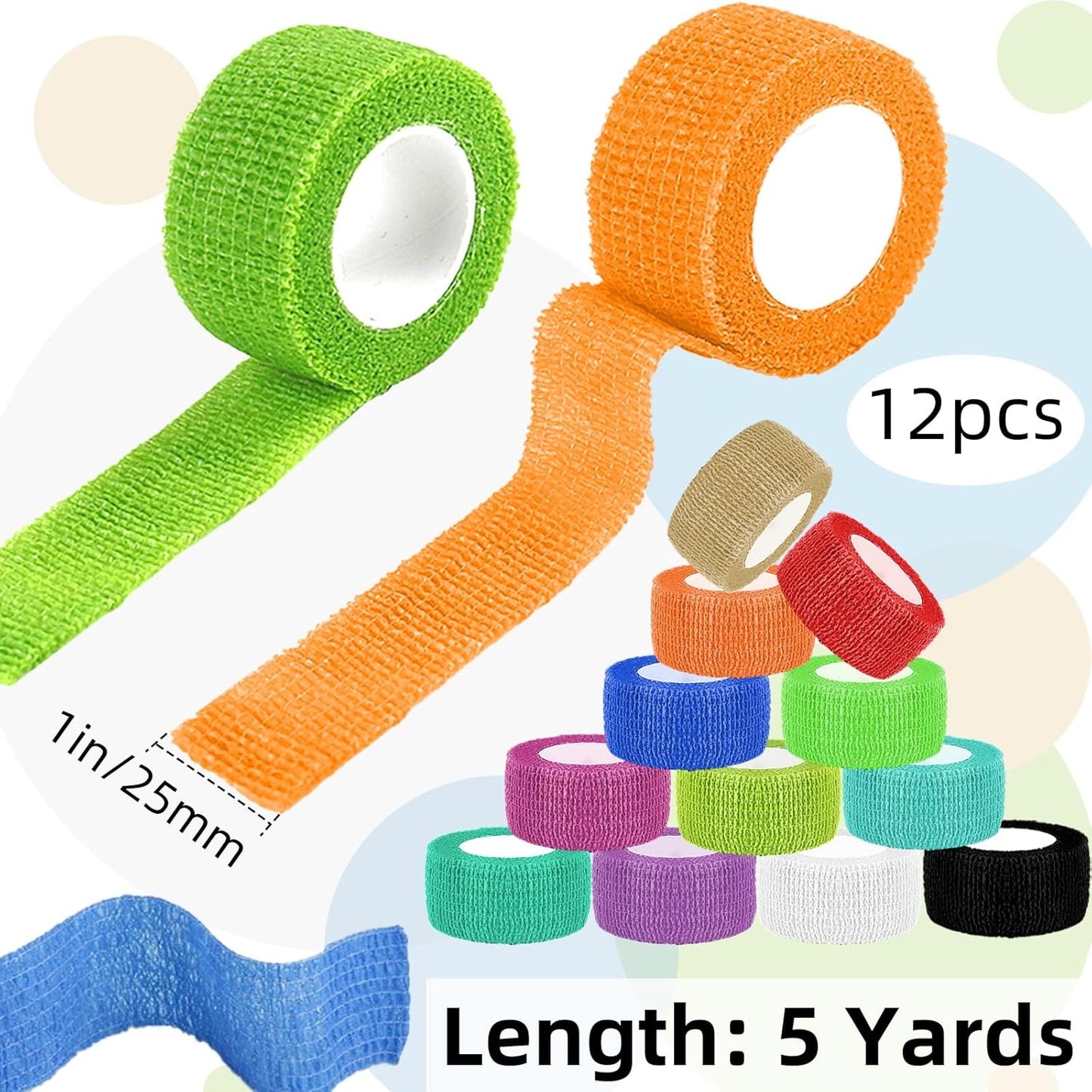 12 Pack 1 Inches Self Adhesive Bandage Wrap,Elastic Wrap,Athletic Tape,Finger Tape,Breathable Cohesive Bandage,for Sports,Wrist,Ankle,Knee,Finger(5 Yards,12 Colors)
