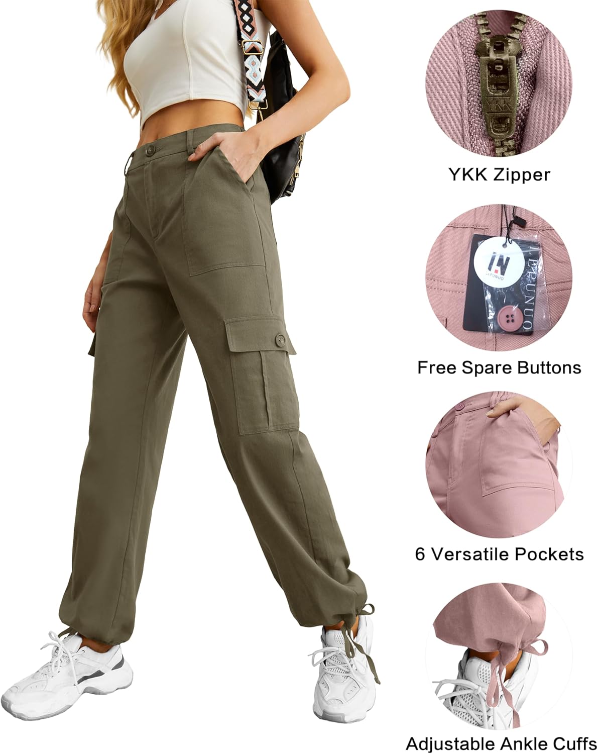 Lepunuo Women's High Waisted Cargo Pants Travel Y2K Streetwear Baggy Stretchy Pants with 6 Pockets Drawstring Ankle Cuffs