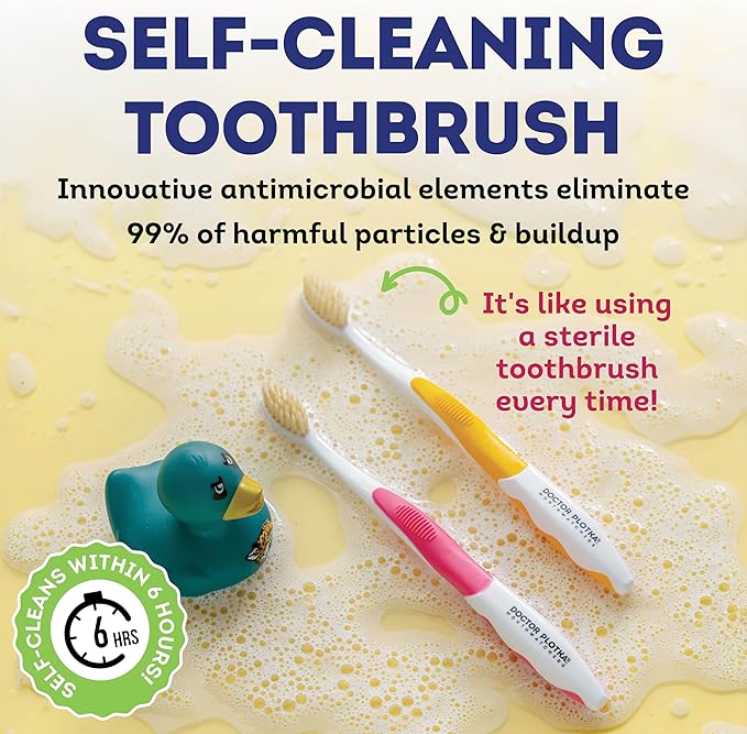 MOUTHWATCHERS Soft Childrens Flossing Manual Toothbrush, Set of 2, Yellow and Blue, Toothbrushes for Kids & Teens, Ultra Clean, by Dr. Plotka's