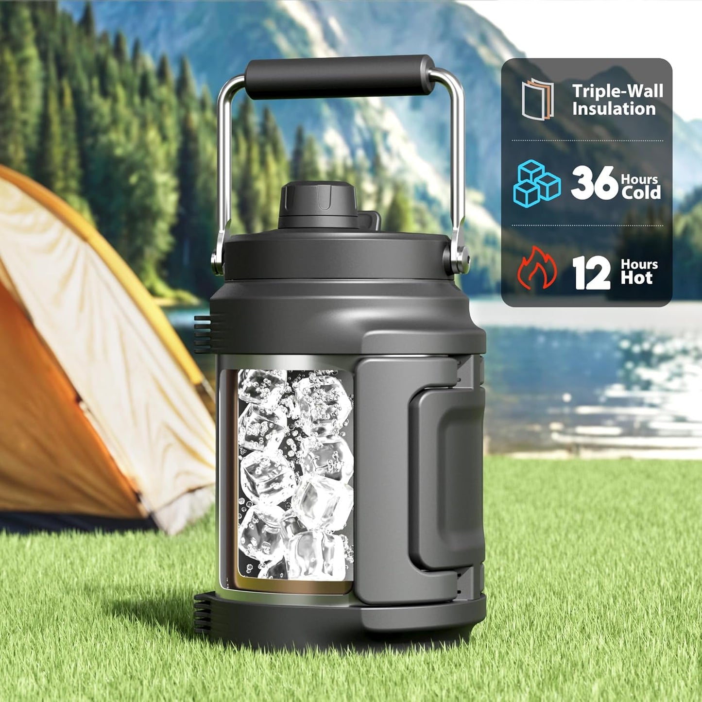 64 oz Insulated Water Bottle for Men: Meoky Triple Wall Vacuum Stainless Steel Half Gallon Water Jug - Top and Side Handles, 2-in-1 Straw and Spout Lid, Cold for 36 Hrs, Leak Proof for Sports (Silver)