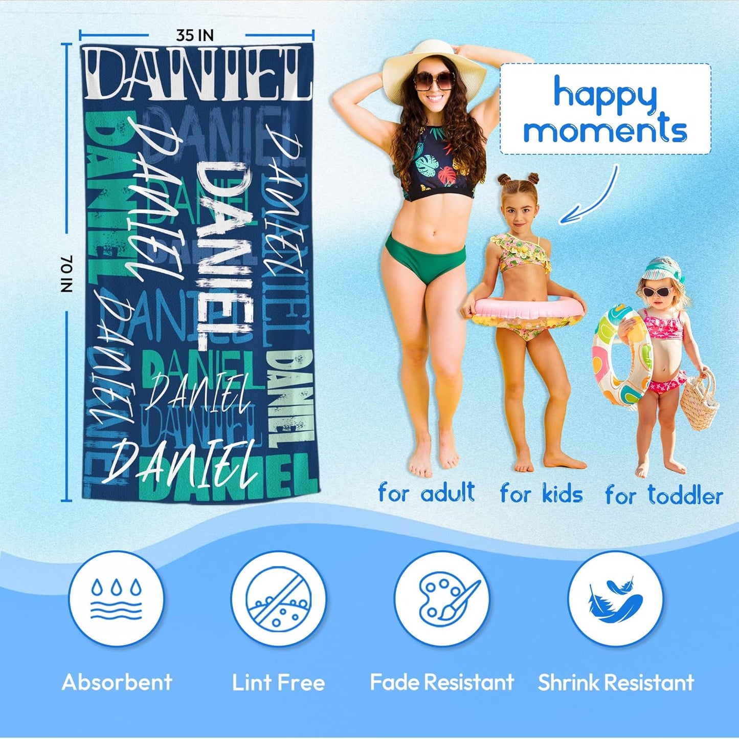 JML Personalized Beach Towel with Name, Custom Beach Towel with Name, Customized Microfiber Pool Towel, Quick Dry & Absorbent Swim Towel for Adult,Anniversary, Birthday, Summer Holiday,Vacation