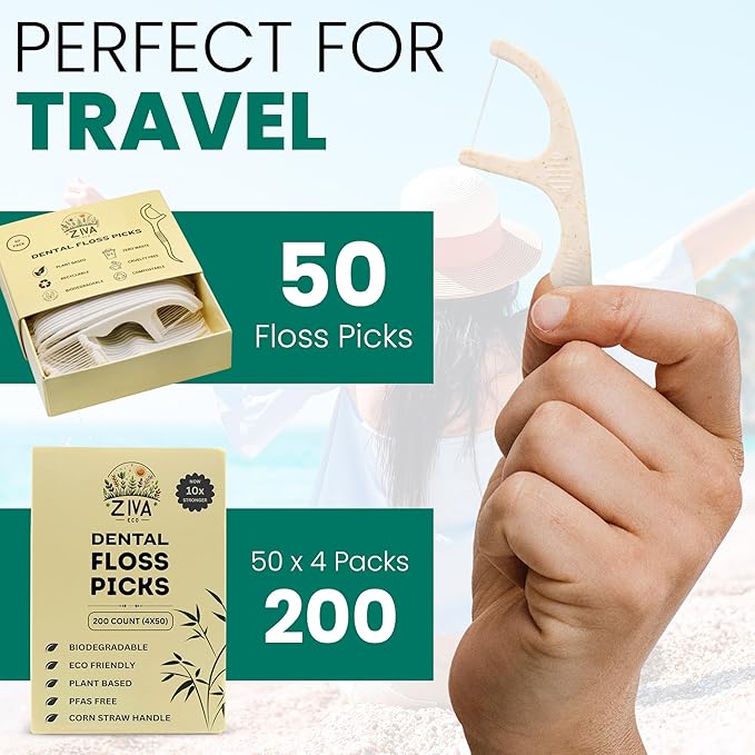 Biodegradable Dental Floss Picks for Teeth, 200 Count, Corn Straw Floss Picks, PFAS Free. Unflavored Flossers, Plant Based, Shred Resistant Floss for Adults & Kids
