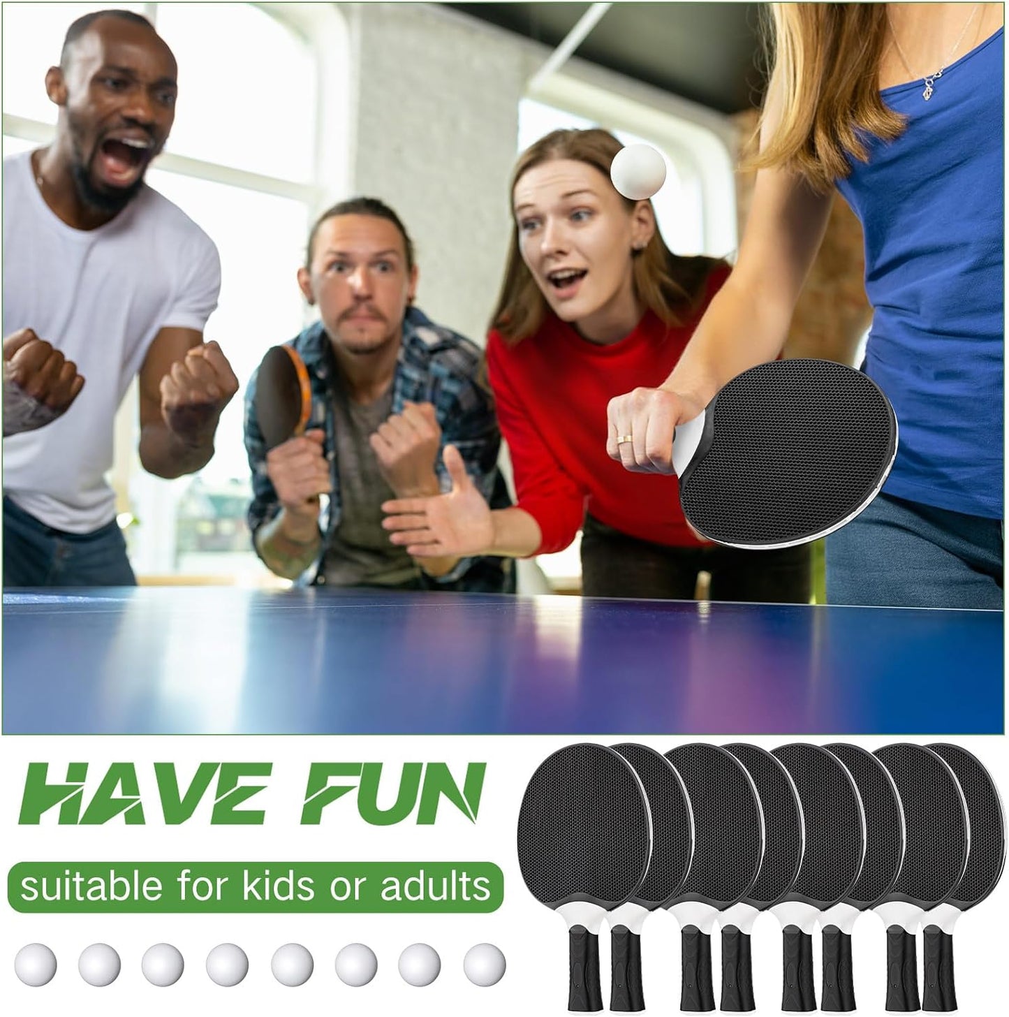 Junkin 8 Pieces Table Tennis Paddles Kit Professional Rackets Set Portable Composite Rubber Table Tennis Racquets with 8 Balls for Indoor and Outdoor