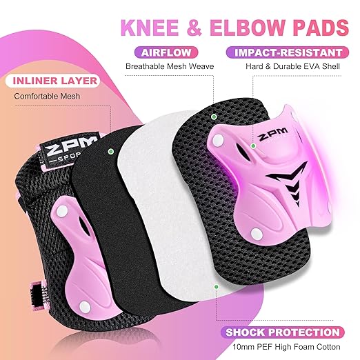 2PM SPORTS Knee Pads for Kids, Wrist Guards Knee and Elbow Pads Set with Drawstring Bag, Protective Gear Set for Girls Boys Roller Skating Cycling Skateboard - Pink Small