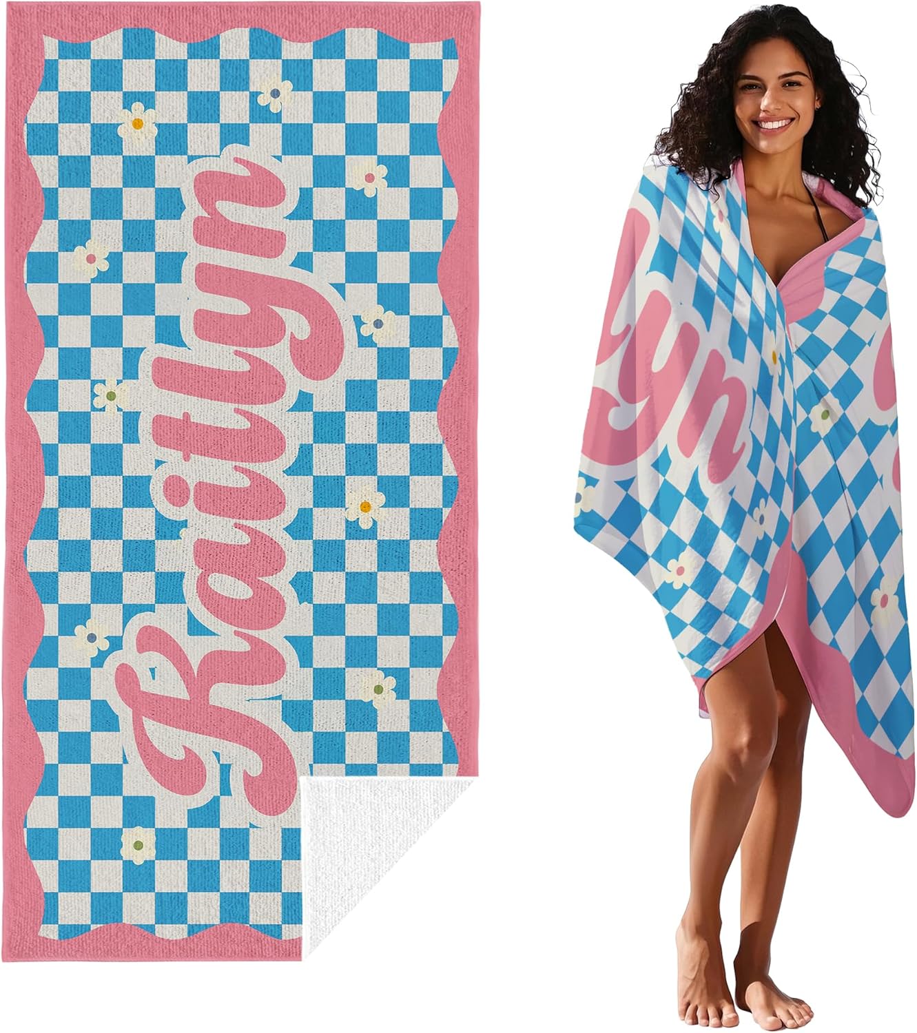 JML Personalized Beach Towel with Name, Custom Flower Beach Towel, Customized Microfiber Pool Towel, Quick Dry & Absorbent Swim Towel for Adult,Mother's Day, Birthday, Summer Holiday,Vacation