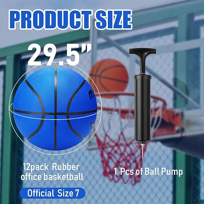 Jerify 12 Pieces Basketballs Bulk Official Size 7 Rubber Basketballs 29.5 Rubber Inflatable Basketballs with Pump Indoor Outdoor Basketballs Bulk Standard Basketball for Training and Play