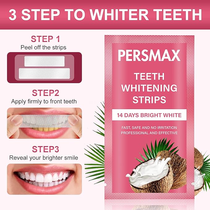 Teeth Whitening Strips for Sensitive Teeth Enamel Safe Smile Whitening Kit, 28 Strips 14 Treatments, No-Slip Remove Coffee Wine Smoking Stains Professional