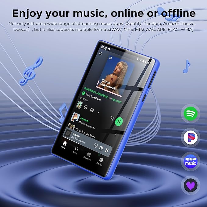 128GB MP3 Player with Bluetooth and WiFi，Music Video Player with Spotify Pandora,Amazon Music, 5" Touch Screen Android MP4 MP3 Player for Kids with Audible, YouTube, Spotify Kids,up to 256GB (Blue)