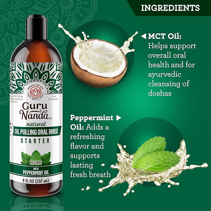 GuruNanda Starter Pulling Oil Mouthwash for Natural Teeth Whitening, Coconut and Peppermint Oil for Fresh Breath & Happy Gums, with Tongue Scraper, Alcohol-Free, 2X8 Oz