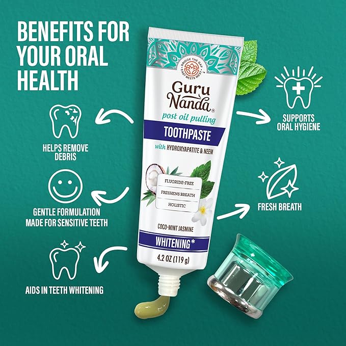 GuruNanda Hydroxyapatite Toothpaste, SLS & Fluoride Free, Whitening Toothpaste - Freshens Breath, Fights Plaque - Natural CocoMint Jasmine Neem, 4.2oz (Pack of 2)