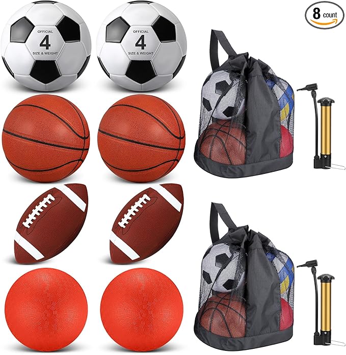 Liliful 8 Pcs Sport Balls Set with Pump Mesh Bag Gifts for Kid Teen Operation Christmas Basketball Soccer Football Playground Ball for Christian Charity Donation Student Team PE Class