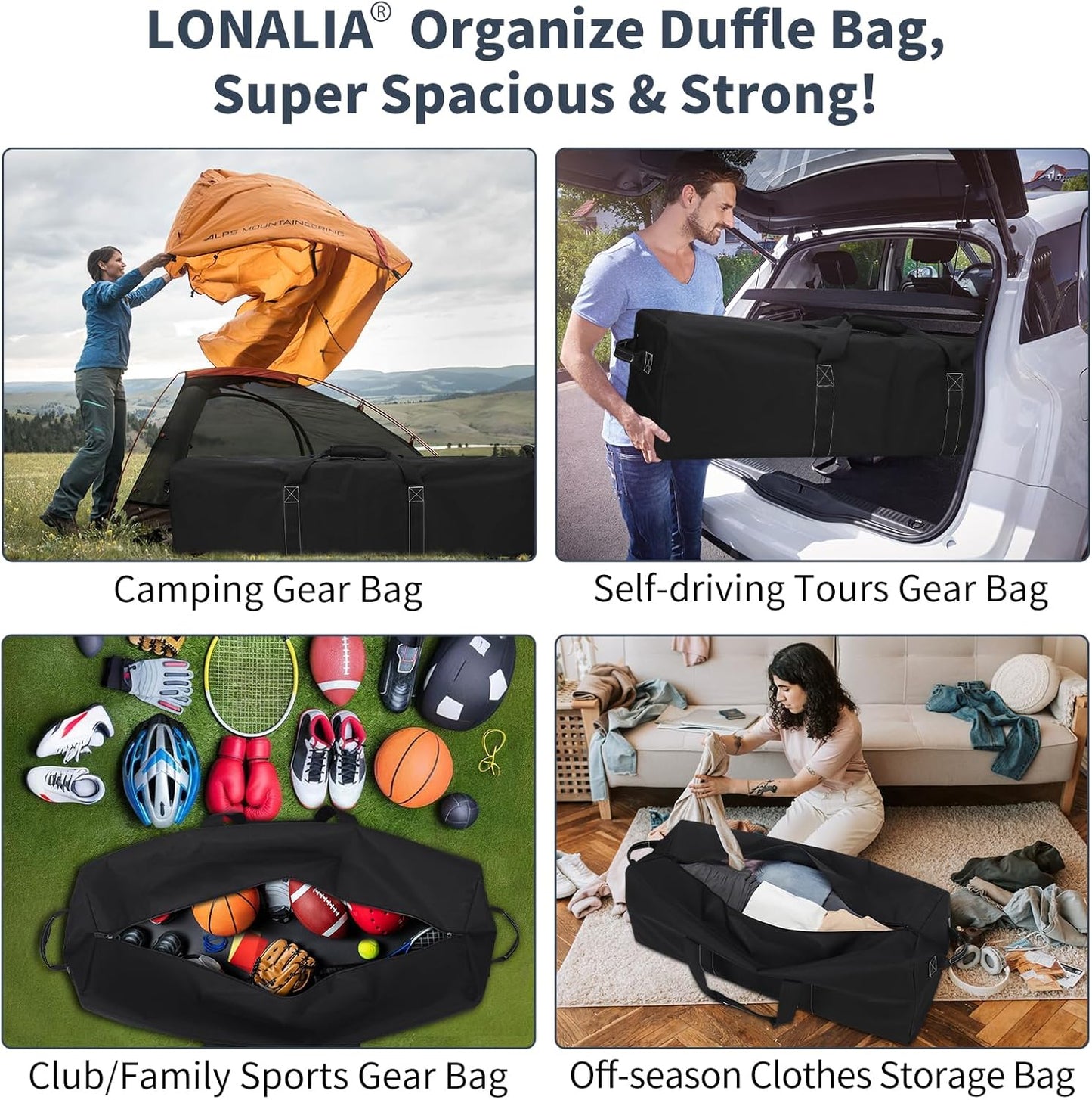 46 Inch Large Duffle Bag for Travel Camping - 127L Extra Large Heavy Duty Duffel Bag, Sport Equipment Storage Bag with 2 Sides Handles-Black
