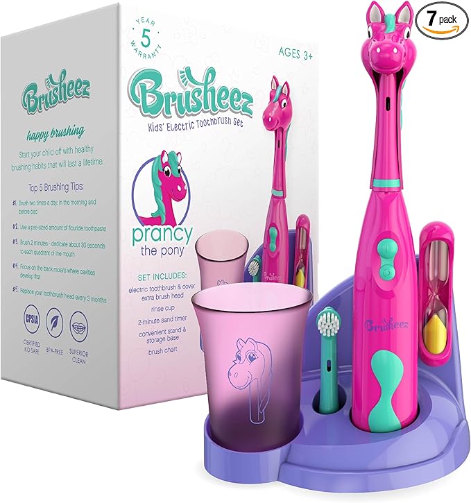 Brusheez Kids’ Electric Toothbrush Set - Safe & Effective for Ages 3+ - Parent Tested & Approved with Gentle Bristles, 2 Brush Heads, Rinse Cup, 2-Minute Timer, & Storage Base (Prancy The Pony)