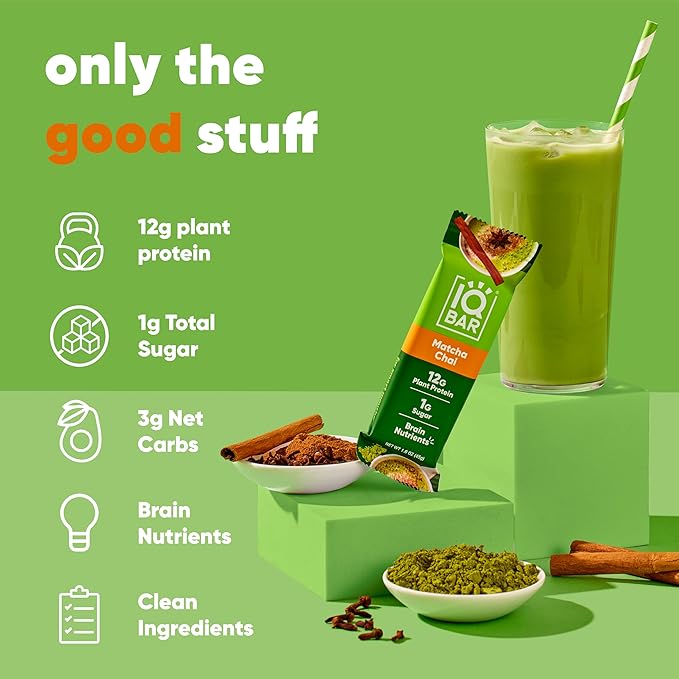 IQBAR Brain and Body Plant Protein Bars - Matcha Chai - 36-Count Low Carb - Gluten Free, High Fiber, Vegan Snacks - Low Sugar Meal Replacement