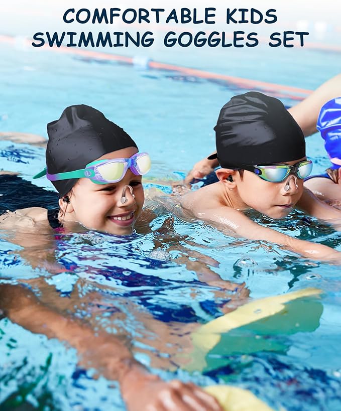Kids Swim Goggles, Swimming Goggles for Kids Toddlers 3-14 with Swim Cap, Nose Clip, Nose Bridge, Ear Plugs