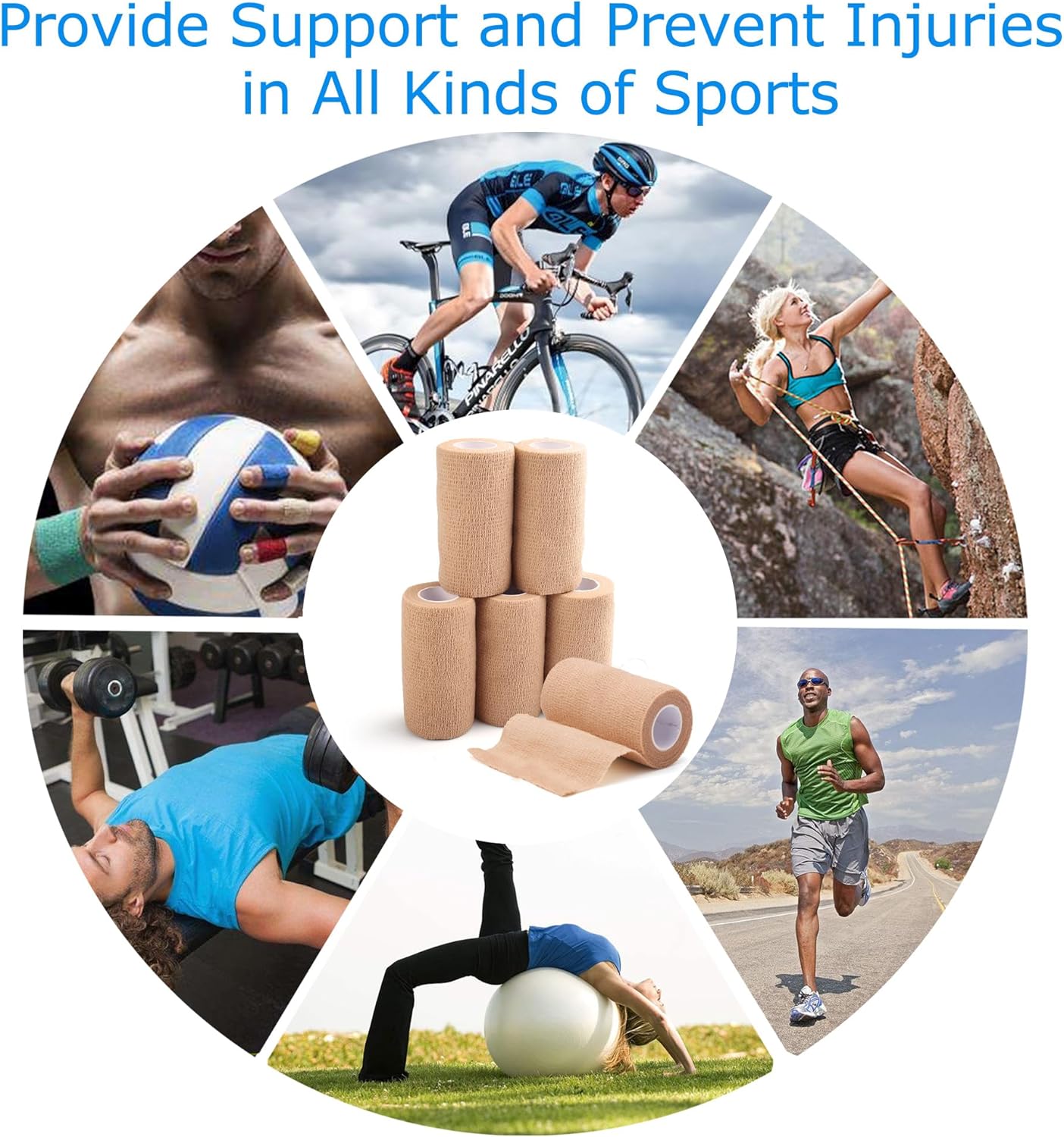 LotFancy Self Adhesive Bandage Wrap, 6 Pack, 4 in x 5 Yards, Non Woven Elbow Cohesive Bandage, First Aid Medical Tape for Ankle, Knee & Wrist Sprains, Tan Color