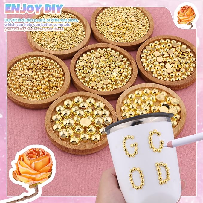 13500Pcs Flatback Pearls for Bedazzling (Gold) with B7000 Jewelry Glue, Assorted Size 2/3/4/5/6/8/10mm Half Pearl, Bedazzling Gems for Crafting Clothing Tumbler Shoes Embellishment Nail Art