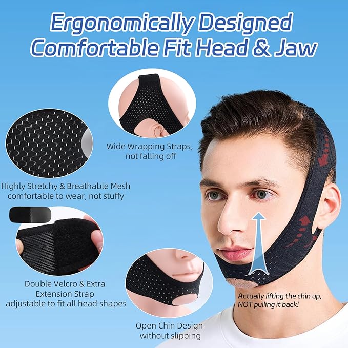 Anti Snoring Chin Strap for Sleeping, Adjustable Flexible Sleep Chin Strap to Keep Mouth Closed, Breathable Airflow Jaw Strap for Sleep Men Couple Stop Snoring Jaw Strap Set with 3D Eye Mask