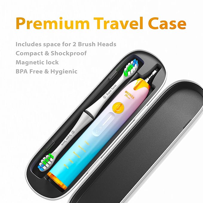 Wagner Stern Ultrasonic whitening Toothbrush with Pressure Sensor. 5 Brushing Modes and 4 Levels of Intensity, 8 Soft bristles, Travel case.