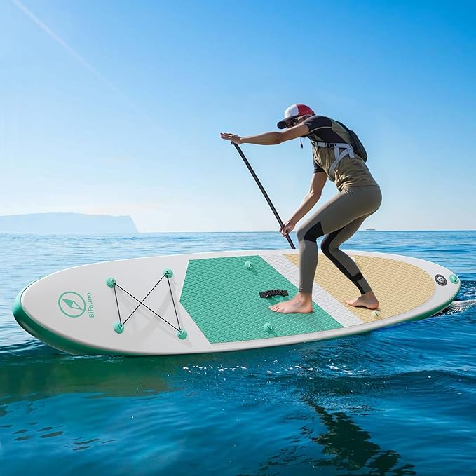 Inflatable Stand Up Paddle Board with SUP Accessories & Backpack. Paddle Boards for Adults. Non-Slip Deck, Wide Stance, Bottom Fin, Double Action Pump.