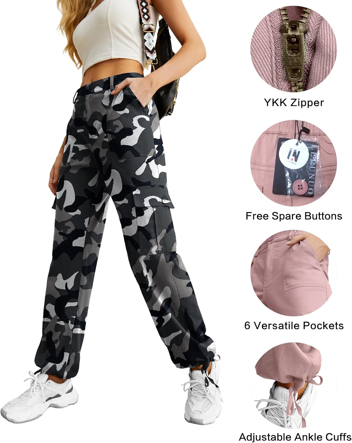 Lepunuo Women's High Waisted Cargo Pants Travel Y2K Streetwear Baggy Stretchy Pants with 6 Pockets Drawstring Ankle Cuffs