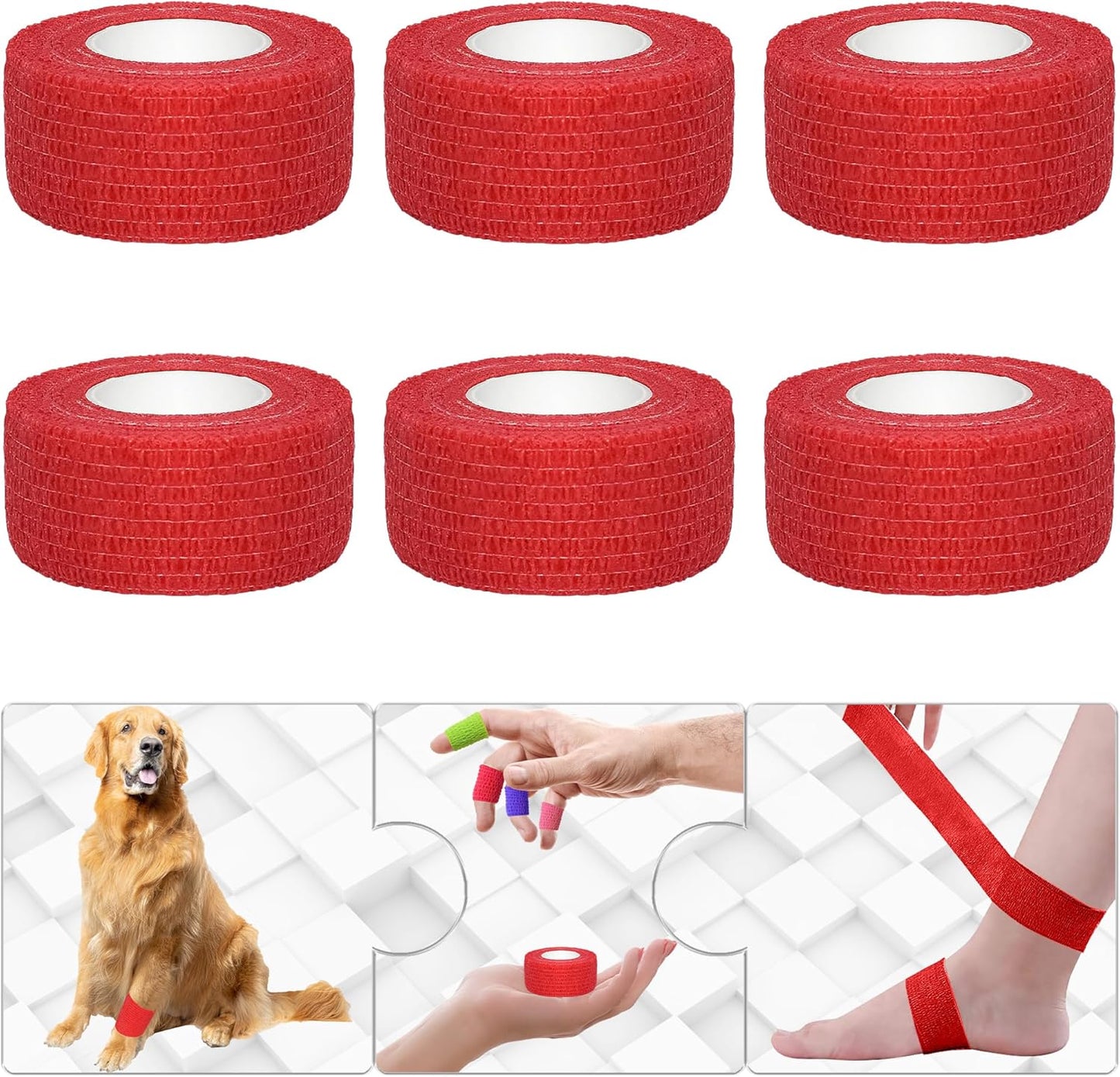 6 Pack 1 Inches Self Adhesive Bandage Wrap Breathable Cohesive Bandage Elastic Tape for Pets, Athletic, Sports, Wrist, Knee, Ankle(5 Yards Per Roll, Red)