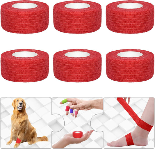 6 Pack 1 Inches Self Adhesive Bandage Wrap Breathable Cohesive Bandage Elastic Tape for Pets, Athletic, Sports, Wrist, Knee, Ankle(5 Yards Per Roll, Red)