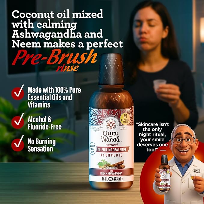 GuruNanda Cinnamon Oil Pulling Mouthwash, Promotes Calmness, with Neem & Ashwagandha for Fresh Breath & Happy Gums, Alcohol-Free, 16 Oz