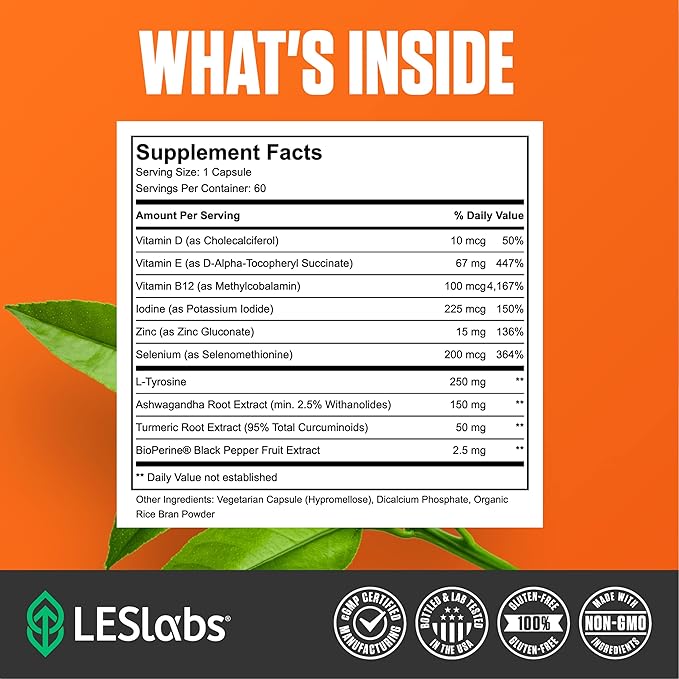 LES Labs Thyroid Support – Metabolic Health, Thyroid Hormone Production, Energy & Focus – Iodine, L-Tyrosine, Ashwagandha, Selenium & Turmeric – Non-GMO Supplement – 60 Capsules