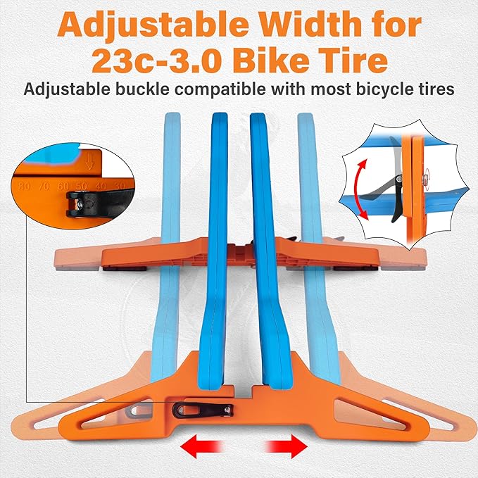 Adjustable Bike Parking Stand Fits 16-29 Inch Bicycles, Compatible with 23c-3.0 Tire Width – Heavy-Duty Plastic, Easy Installation, Stylish Two-Tone Design (Blue&Orange)