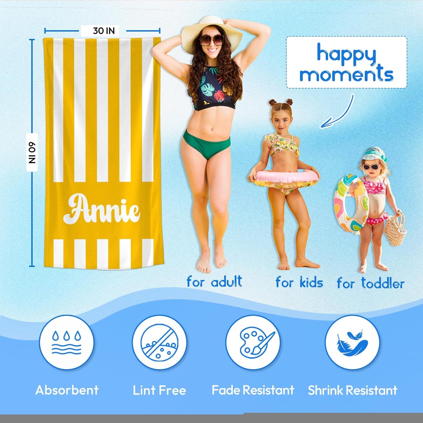 JML Personalized Beach Towel with Name, Custom Cabana Stripe Beach Towel, Customized Microfiber Pool Towel, Quick Dry & Absorbent Swim Towel for Adult,Mother's Day, Birthday, Summer Holiday,Vacation