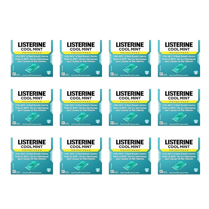 Listerine Cool Mint PocketPaks Portable Breath Strips for Bad Breath, Fresh Breath Strips Dissolve Instantly to Kill 99% of Bad Breath Germs* On-The-Go, Cool Mint, 12 Pack
