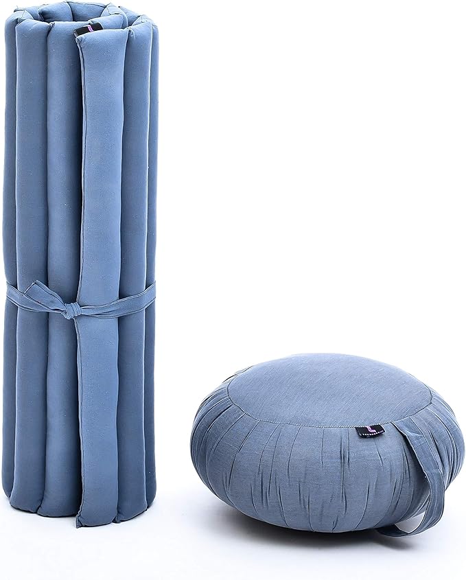 Leewadee Meditation Cushion Set – 1 Round Zafu Meditation Pillow and 1 Square Roll-Up Zabuton Meditation Mat, Pillows Bundle Filled with Kapok