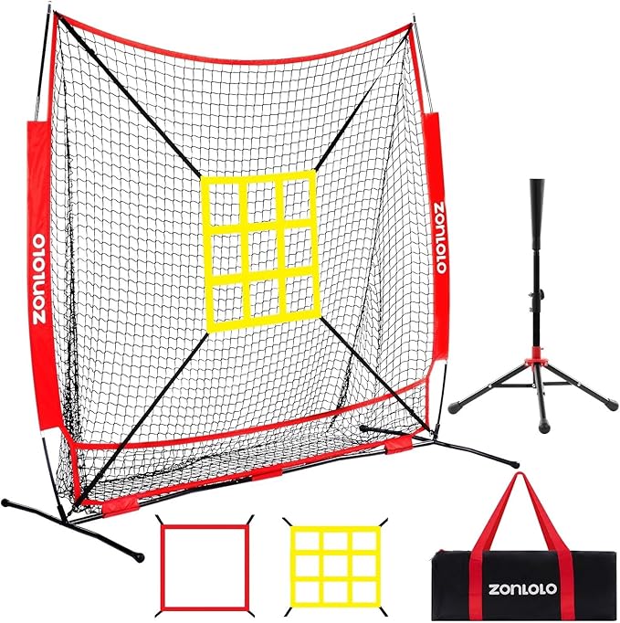 6x6ft Baseball & Softball Net for Hitting,Pitching and Batting, Throwing,Baseball net with Sturdy Bow Frame,Battting Tee,Strike Zone, Middle Size,Suitable for Kids!