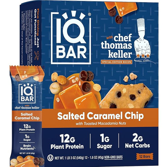 IQBAR x Chef Thomas Keller - Brain and Body Plant Protein Bars - Salted Caramel Chip - 12-Count, Low Carb, High Fiber, Gluten Free, Vegan Snacks - Low Sugar High Protein - Low Calorie Keto Energy Bars