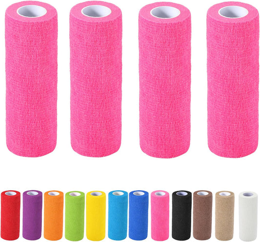 4 Pack Self Adhesive Bandage Wrap, 6 in x 5 Yards Non-Woven Self Adherent Cohesive Bandage, Vet Wrap Wound Tape for Thumb Finger Wrist Knee Ankle, Pink